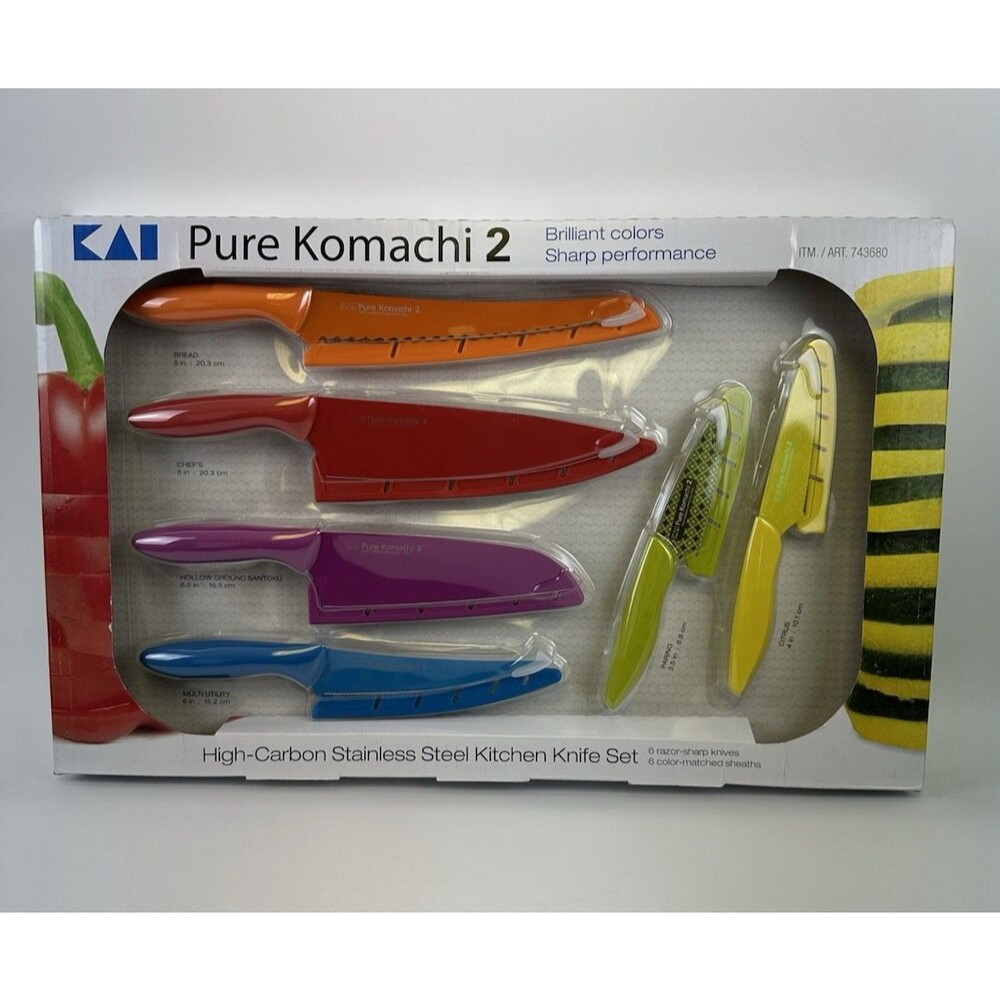 KAI Pure Komach 2 High Carbon Stainless Steel‎ Kitchen Knife Set 6 Bright Colors